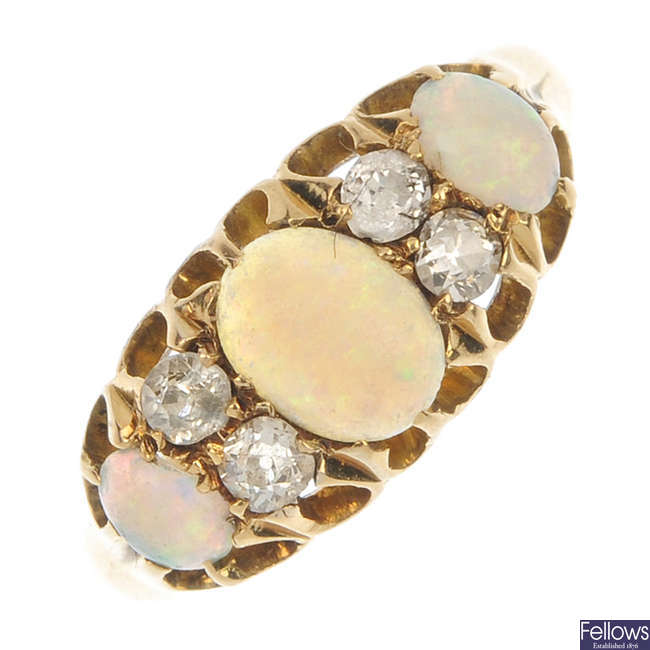 An early 20th century 18ct gold opal and diamond ring.