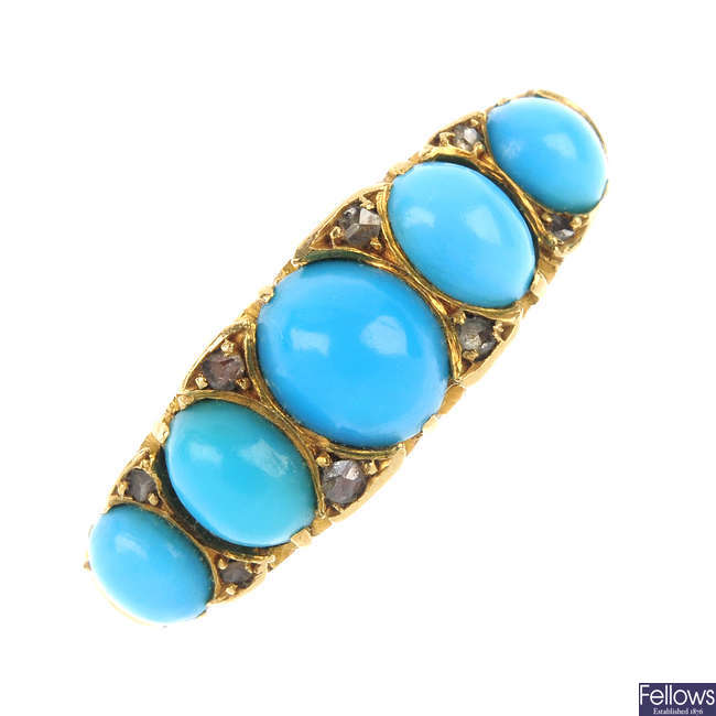 An early 20th century 18ct gold turquoise and diamond five-stone ring.