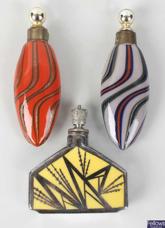 Two Venetion type scent flasks of elliptical form, plus another
