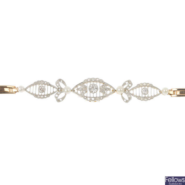 An early 20th century 15ct gold diamond and seed pearl bracelet. 