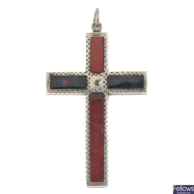 An early 20th century silver hardstone cross pendant.