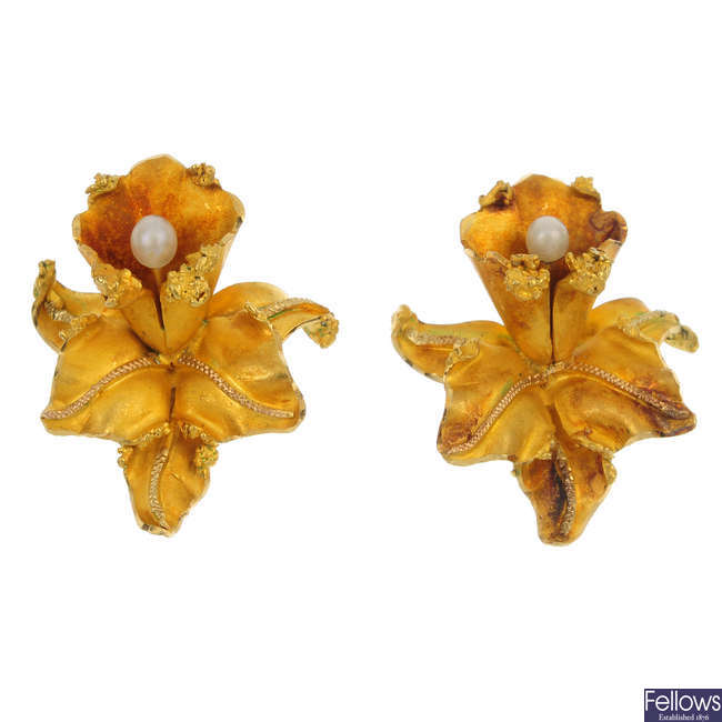 A pair of mid 20th century floral earrings.