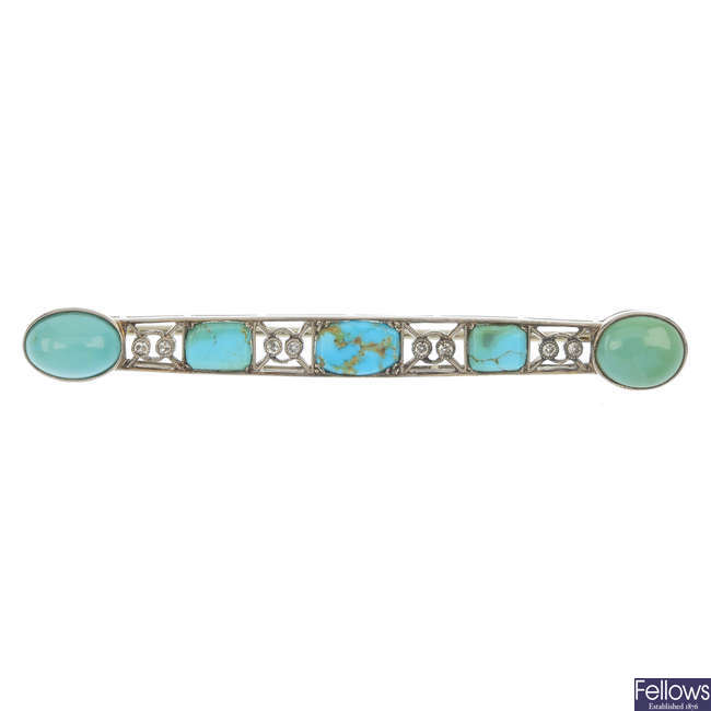 A mid 20th century turquoise and diamond bar brooch. 