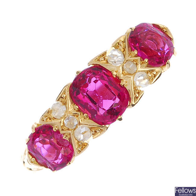 An Edwardian 18ct gold garnet-topped-doublet and diamond ring.
