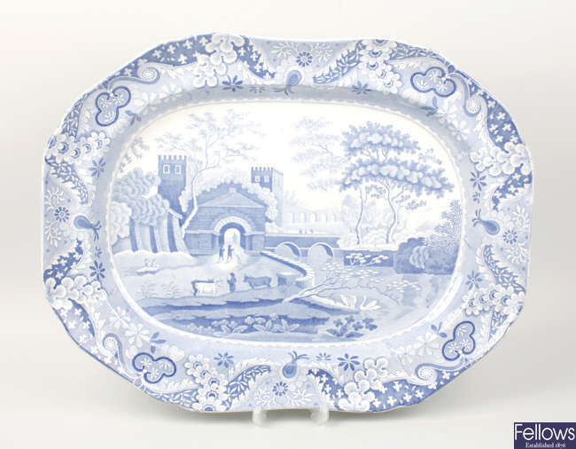 An early 19th century Spode blue transfer-printed 'Castle' pattern dinner service