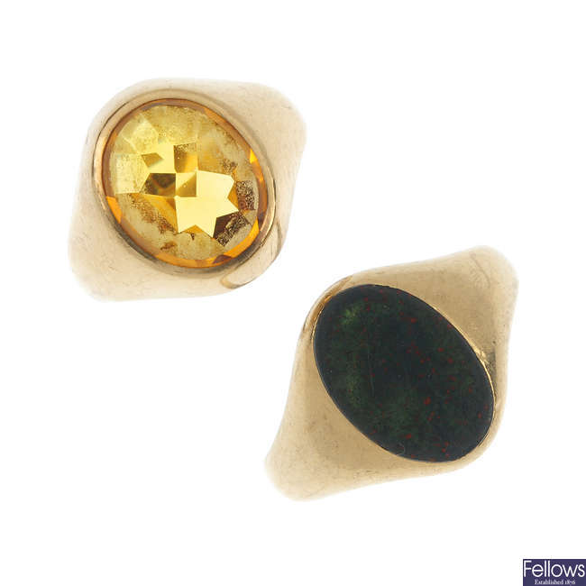 Two 9ct gold gem-set signet rings. 