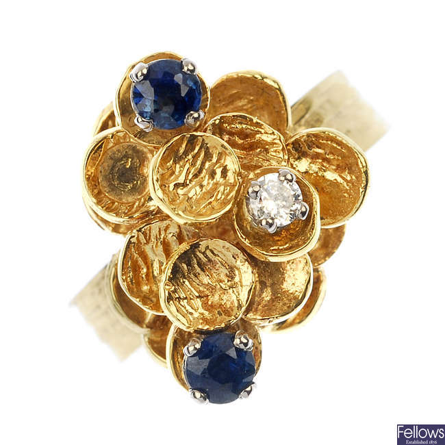 A 1970s 18ct gold sapphire and diamond ring.