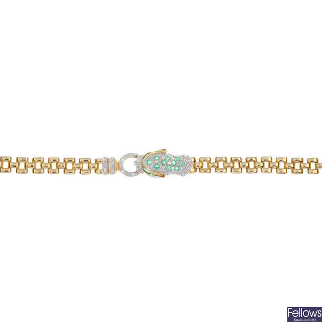 A 9ct gold diamond and emerald leopard bracelet.