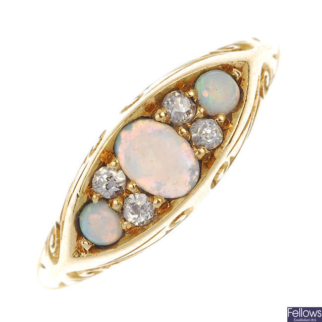 A late 19th century 18ct gold opal and diamond ring.  