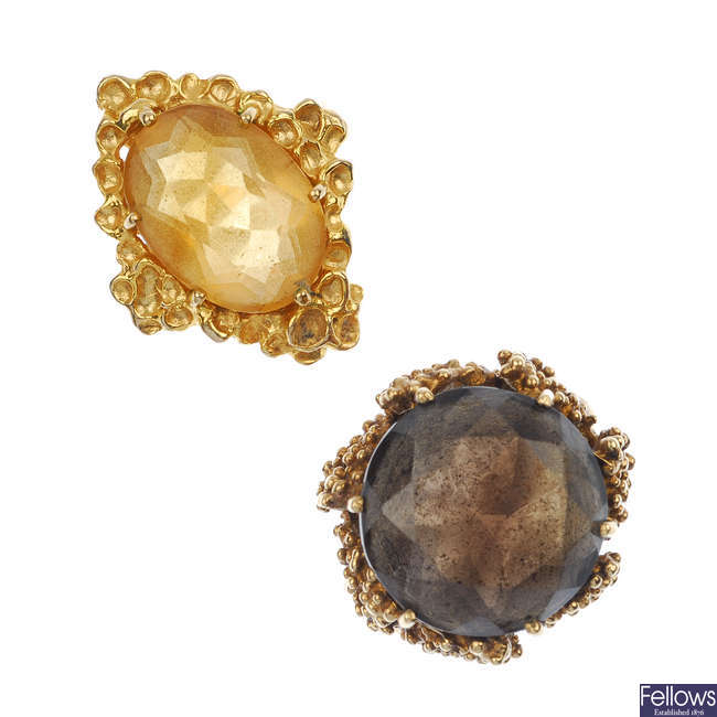 Two 1970s 9ct gold gem-set dress rings.
