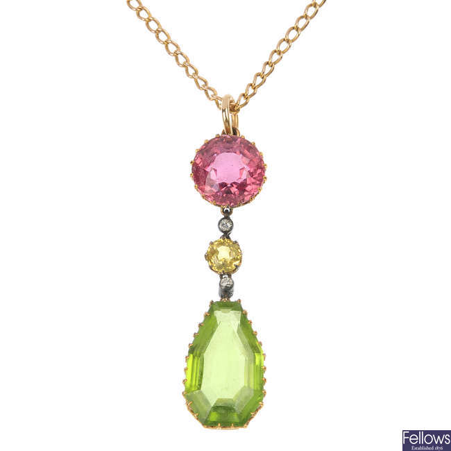 An early 20th century 15ct gold diamond and gem-set pendant.