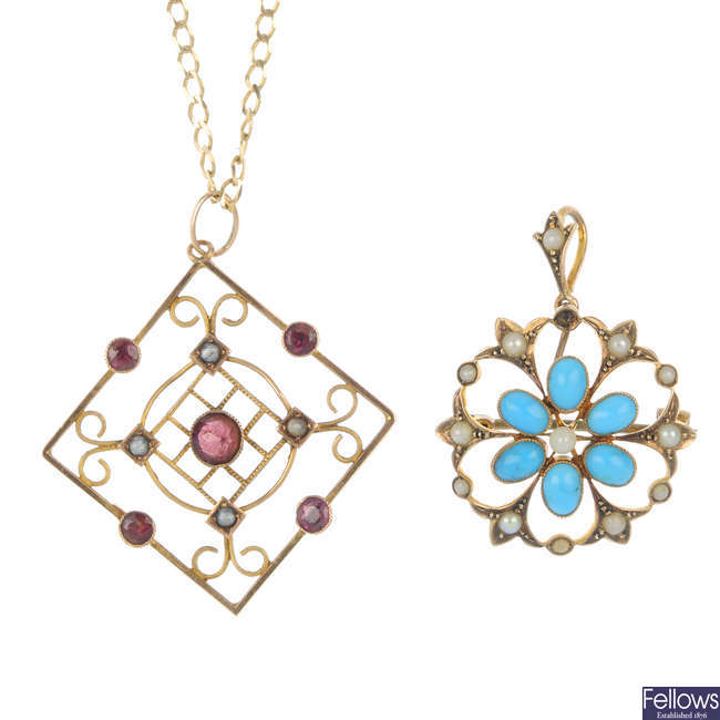 Two early 20th century 9ct gold gem-set pendants and two later chains.