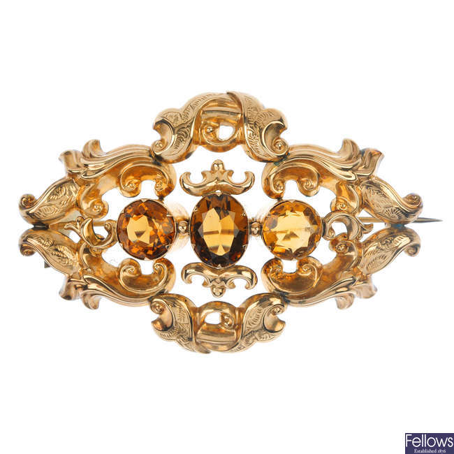 A late 19th century 9ct gold citrine brooch.