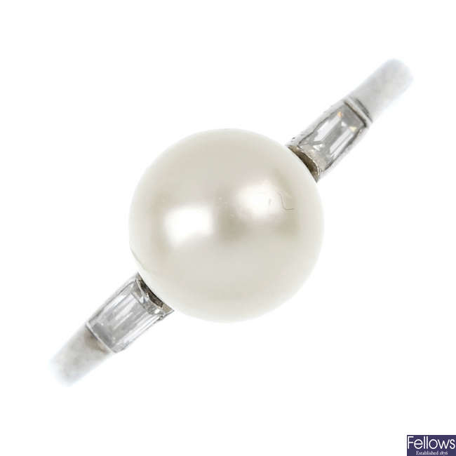 A natural pearl and diamond ring.