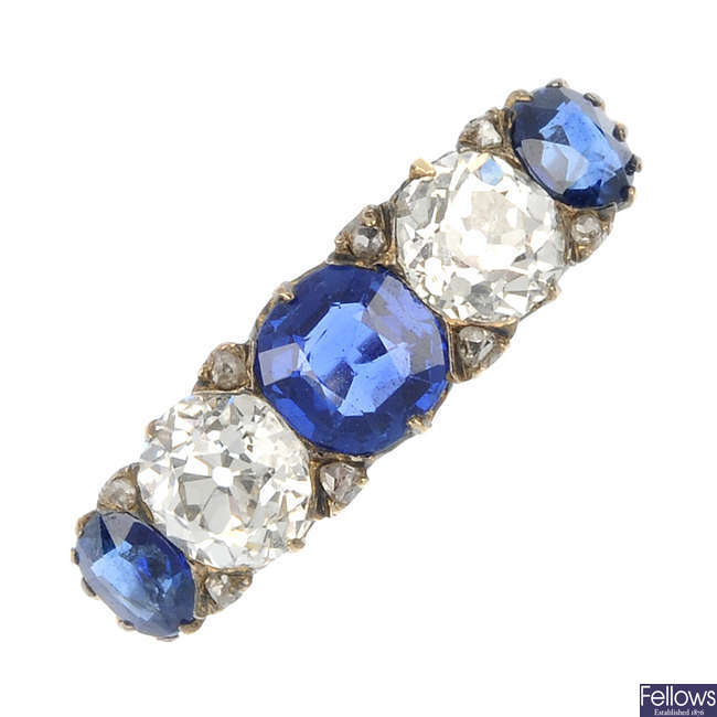 An early 20th century gold sapphire and diamond five-stone ring.