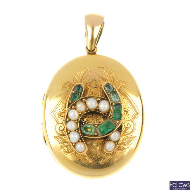 A late Victorian gold, emerald and split pearl locket, circa 1880.