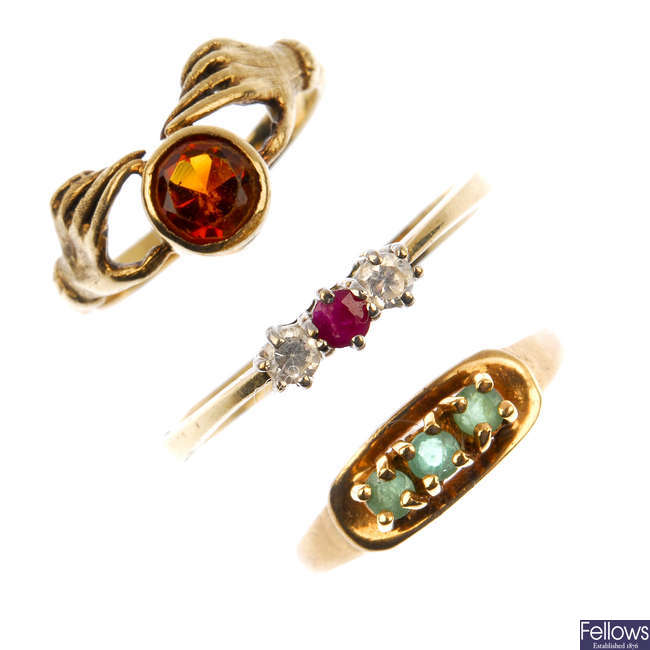 A selection of 9ct gold gem-set rings.