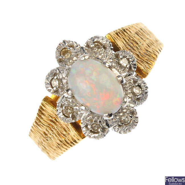 An 18ct gold opal and diamond floral cluster ring.