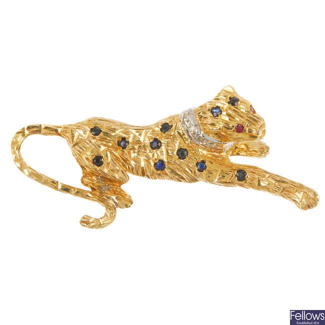 A 9ct gold gem-set and diamond leopard brooch.