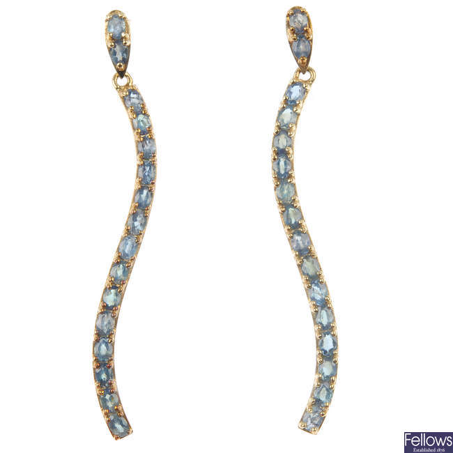 A pair of 9ct gold chrysoberyl ear pendants.