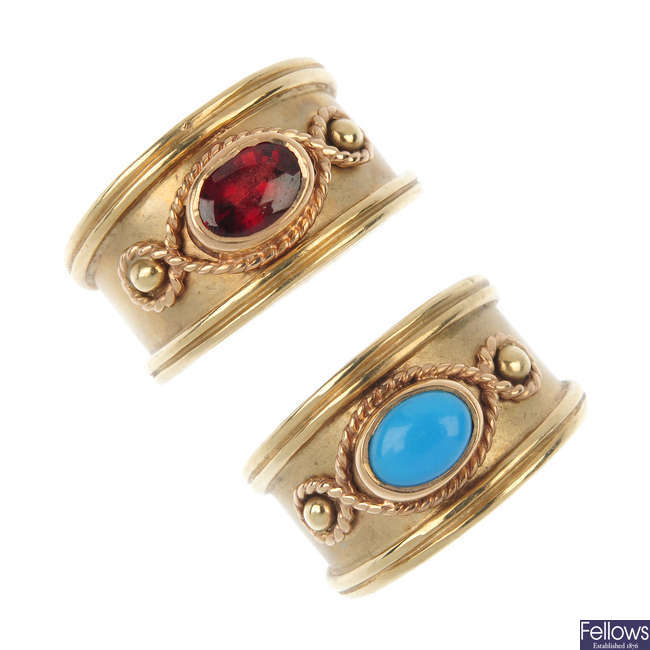 CLOGAU - two 9ct gold gem-set band rings.