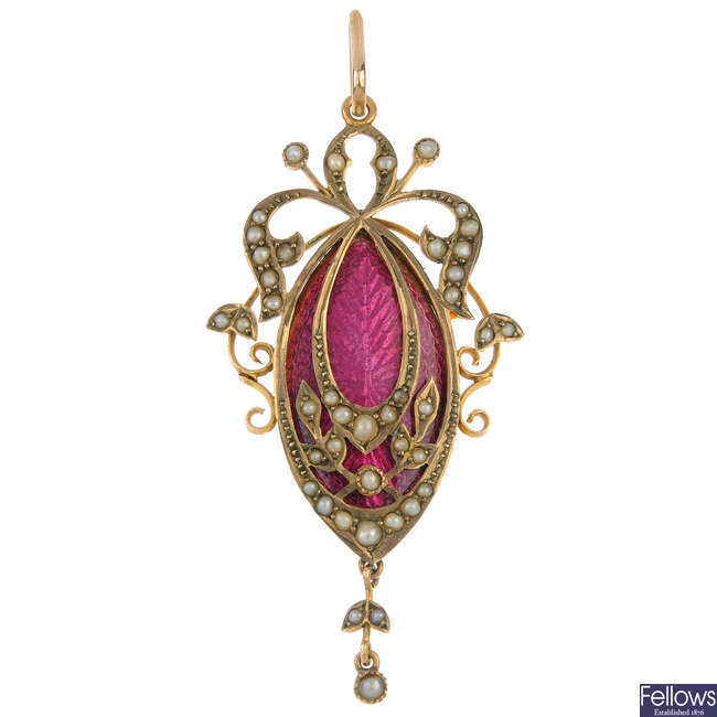 An early 20th century 9ct gold enamel and split pearl pendant.