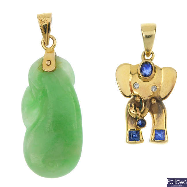 A jade pendant and a gem-set elephant pendant.