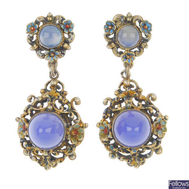 A pair of late 19th century Austro-Hungarian paste and enamel ear pendants.