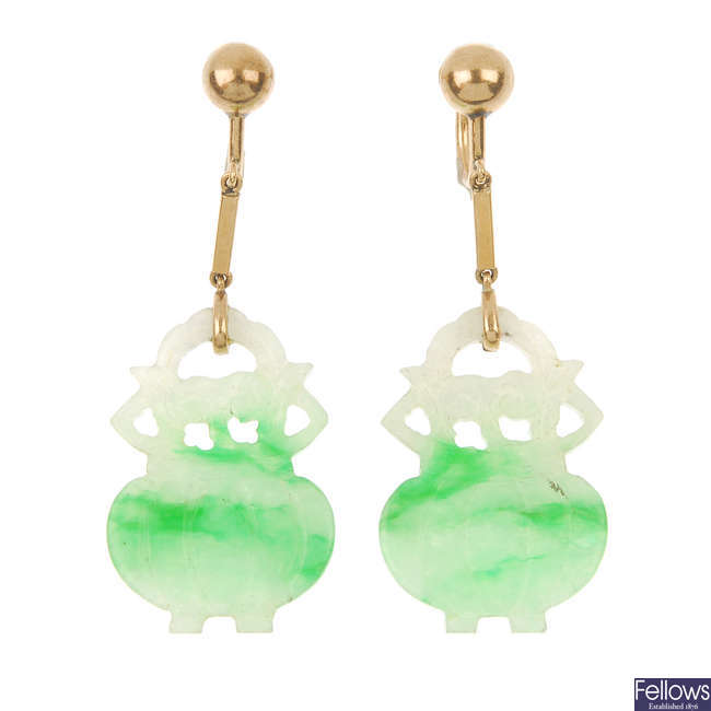 A pair of mid 20th century jade novelty ear pendants.