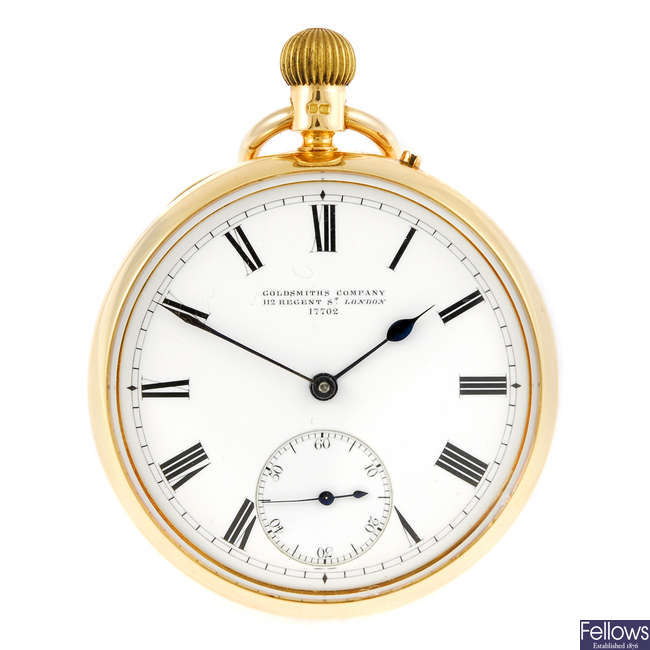 An 18ct gold open face pocket watch by Goldsmiths Company.