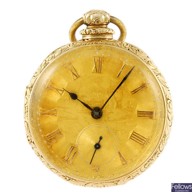 A yellow metal open face pocket watch by L.H. Samuel & Co..