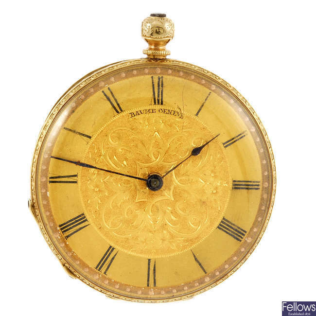 A yellow metal open face pocket watch by Baume with another open face pocket watch.