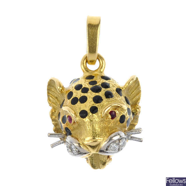 An enamel and gem-set leopard head pendant.