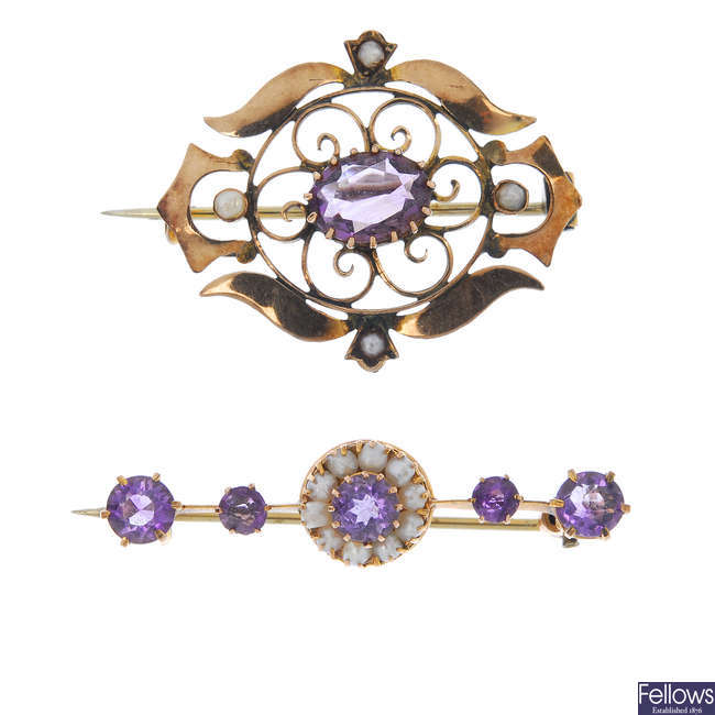 A selection of three early 20th century gold gem-set brooches.