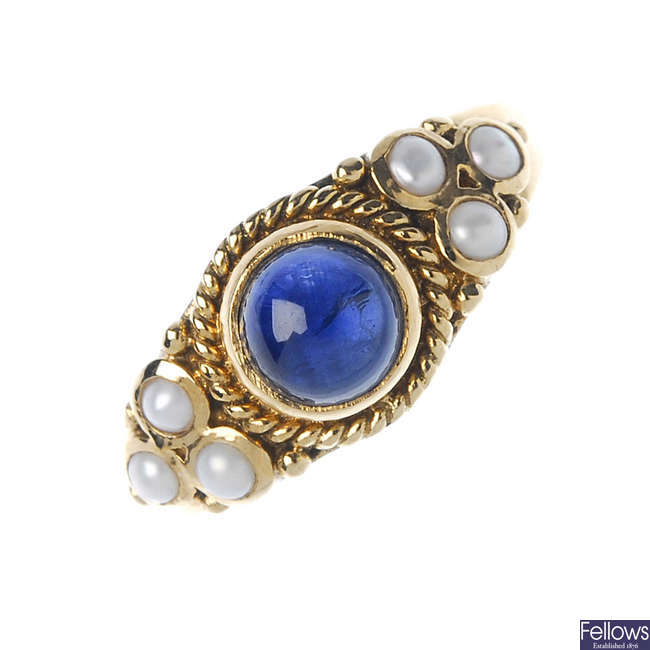 A 9ct gold sapphire and split pearl ring.