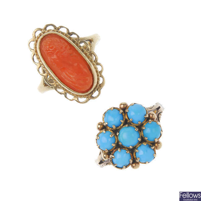 A 9ct gold coral ring and turquoise cluster ring.
