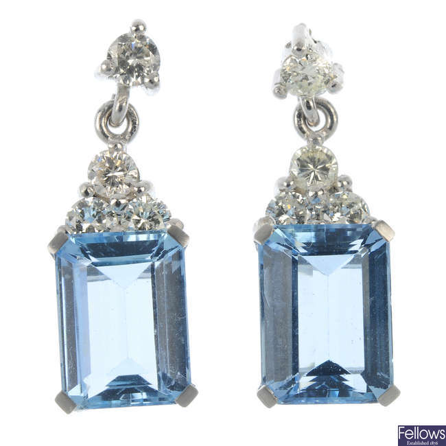 A pair of 18ct gold aquamarine and diamond ear pendants.
