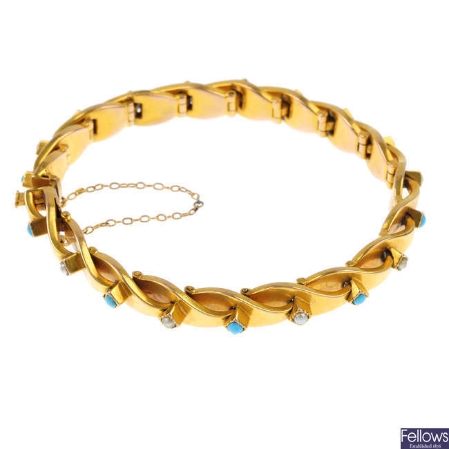 A late 19th century 15ct gold turquoise and split pearl bracelet.