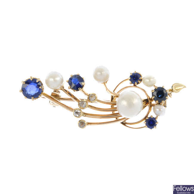 A sapphire, cultured pearl and diamond brooch.