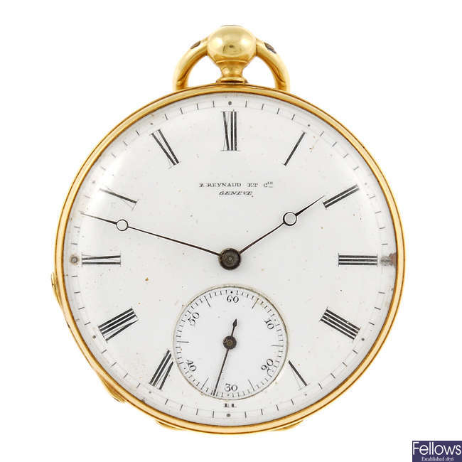 A yellow metal open face pocket watch by P.Reynaud
