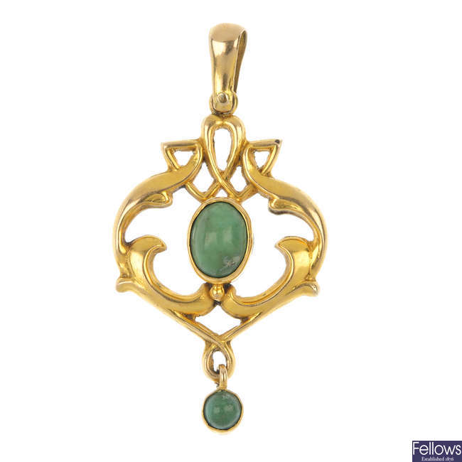 An early 20th century 9ct gold turquoise pendant.