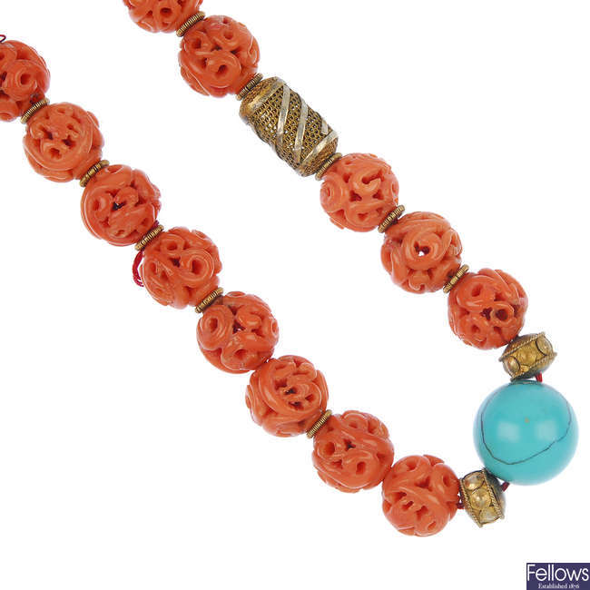 A carved coral bead necklace, AF.