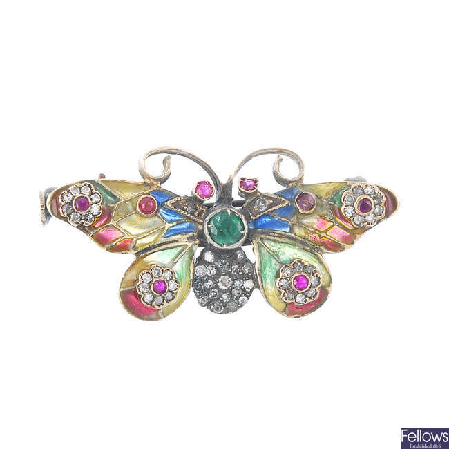 A plique-a-jour enamel, diamond emerald and ruby butterfly brooch.