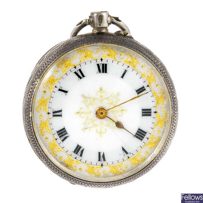 An open face fob watch with a full hunter and an open face pocket watch.