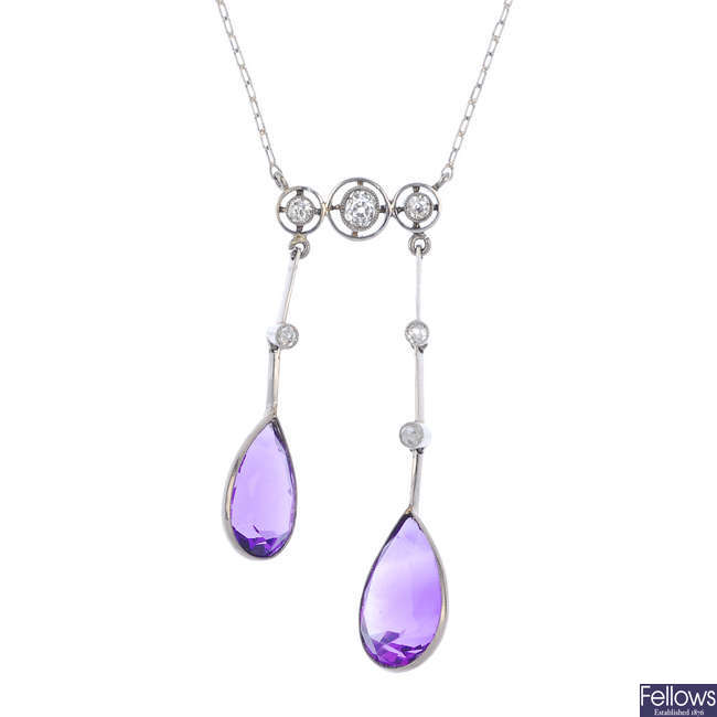 An early 20th century platinum amethyst and diamond negligee necklace.