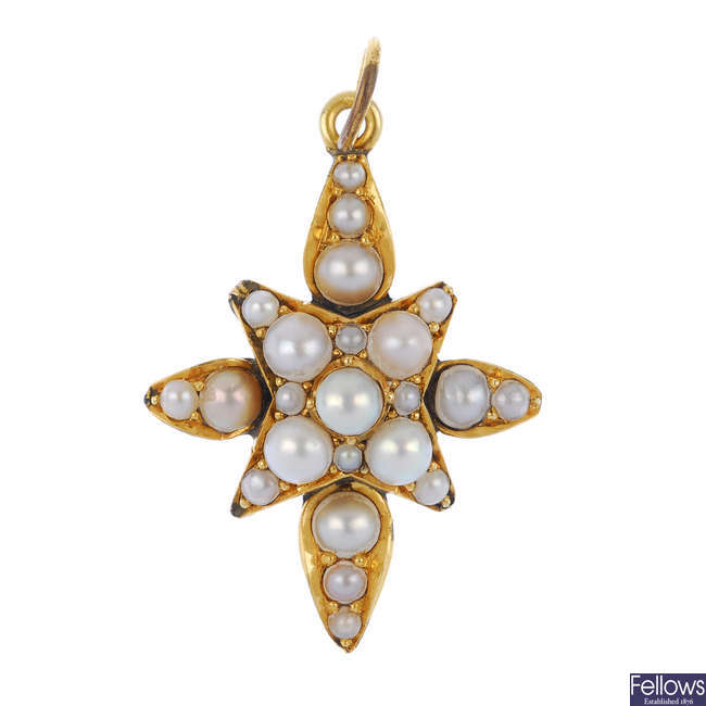 A late 19th century 9ct gold split pearl star pendant.