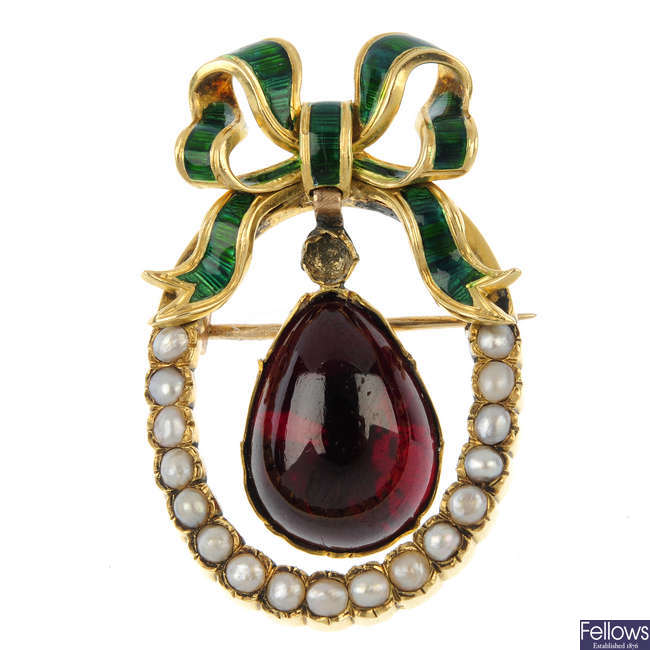 A late 19th century gem and enamel brooch. 