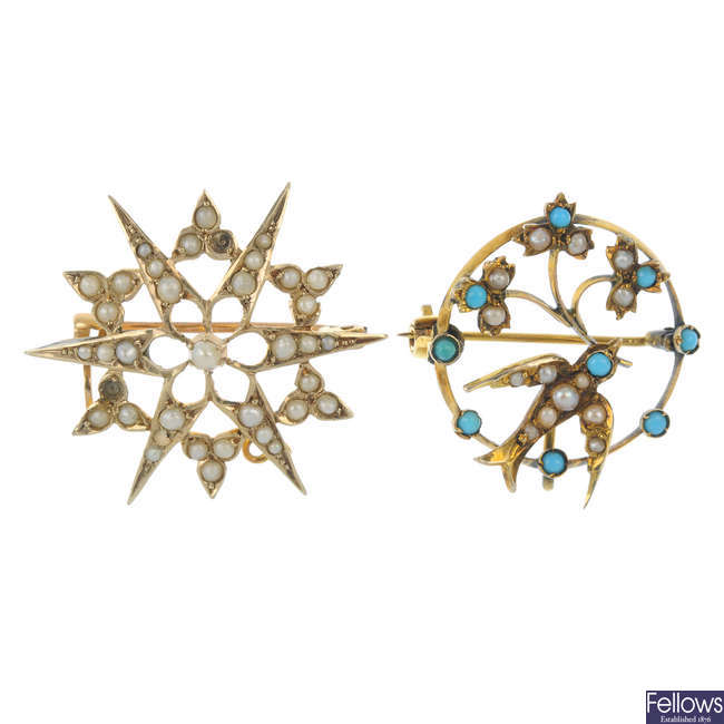 Two early 20th century 9ct gold split pearl and gem-set brooches.