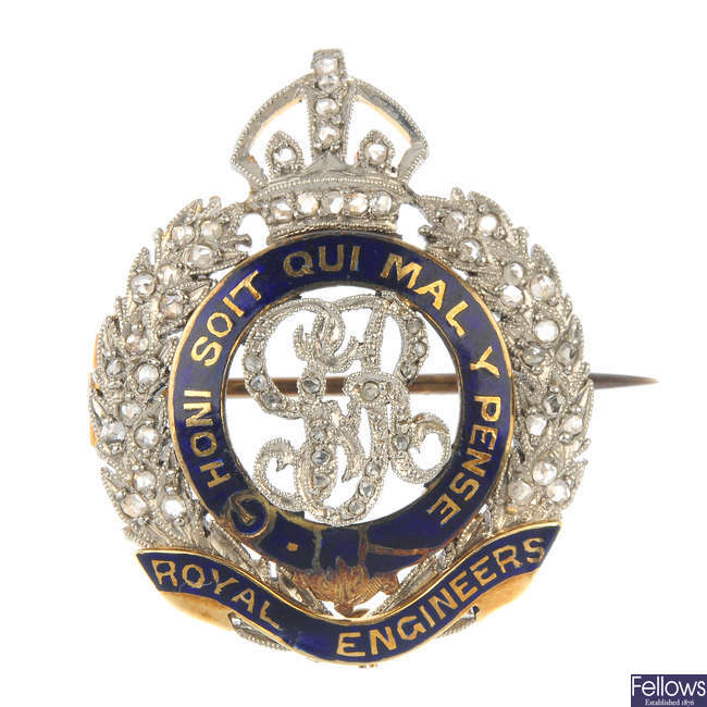 A diamond and enamel Royal Engineers regimental brooch.
