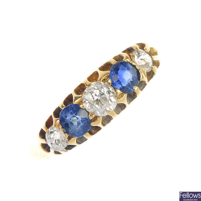 An early 20th century gold sapphire and diamond five-stone ring.